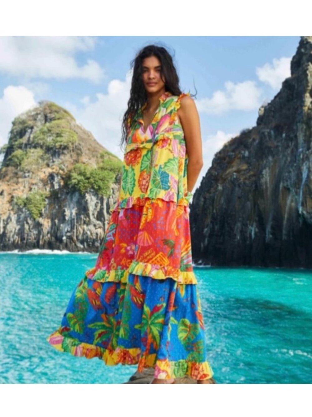 FARM Rio Multi Colored Tiered Maxi Dress Size Small NWT Pockets